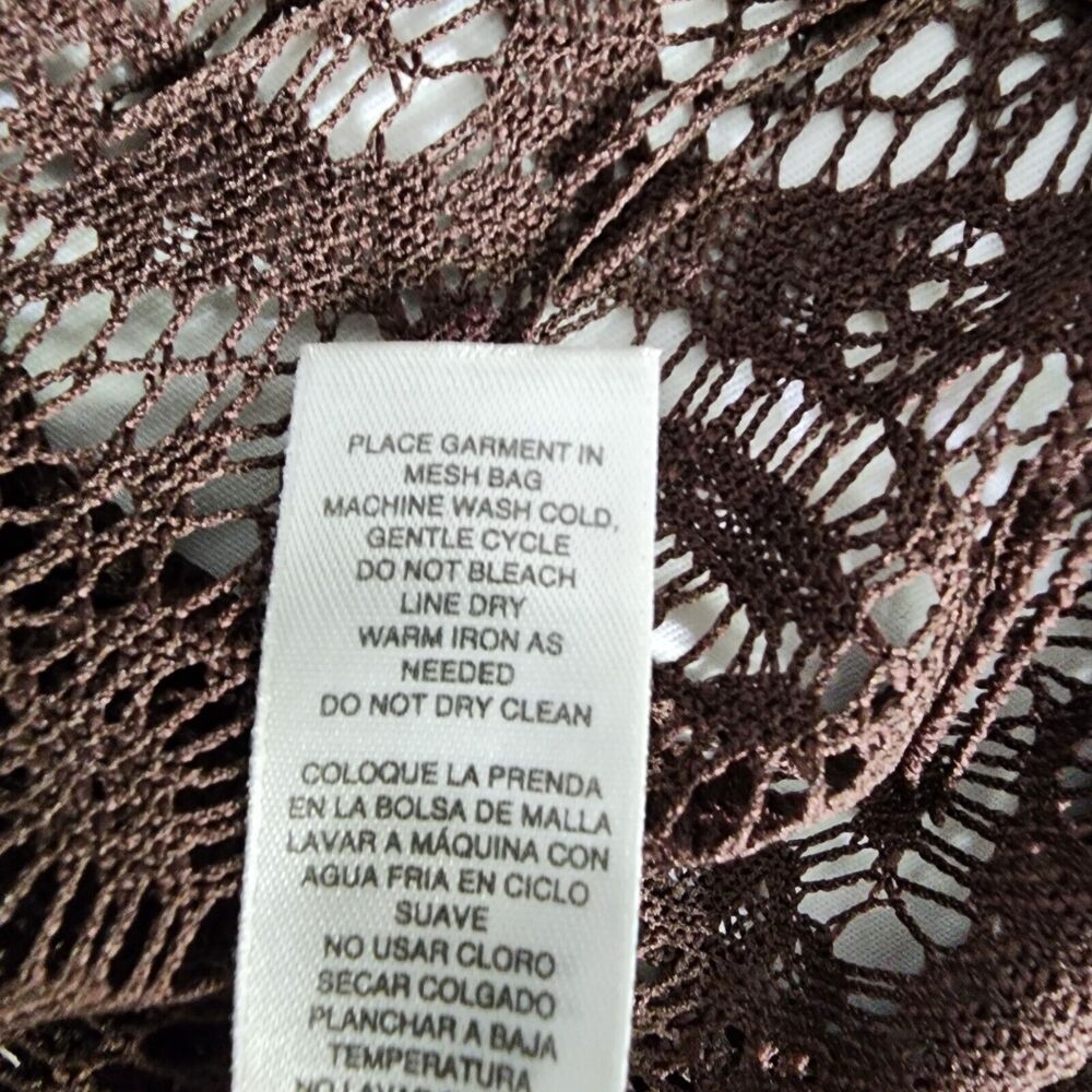 Chico's Womens Top Size 2 Large Brown Crochet Short Cap Sleeve Fringe Trim Sheer - Picture 10 of 11